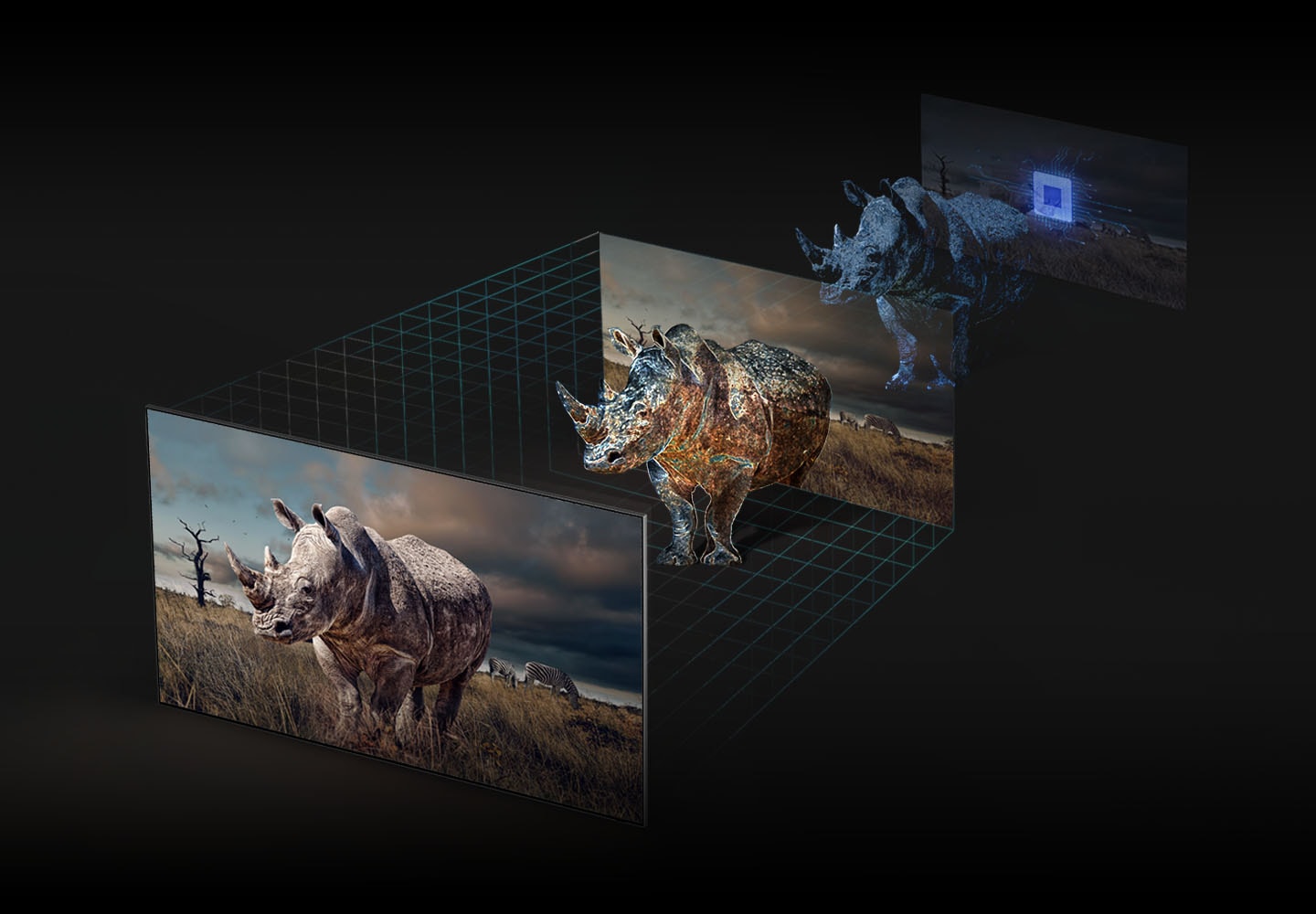 The 3 steps to projecting a life like rhinoceros is exhibited using Real Depth Enhancer technology.