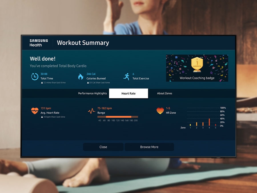 The Samsung Health dashboard shows completed workout summary that says well done, workout coaching badge, performance highlights, heart rate and more.