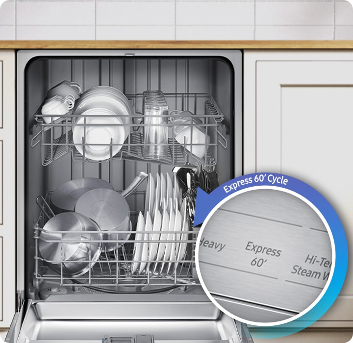 Shows plates, dishes, cups and cutlery washed inside the dishwasher. It washed with the Express 60' Cycle.