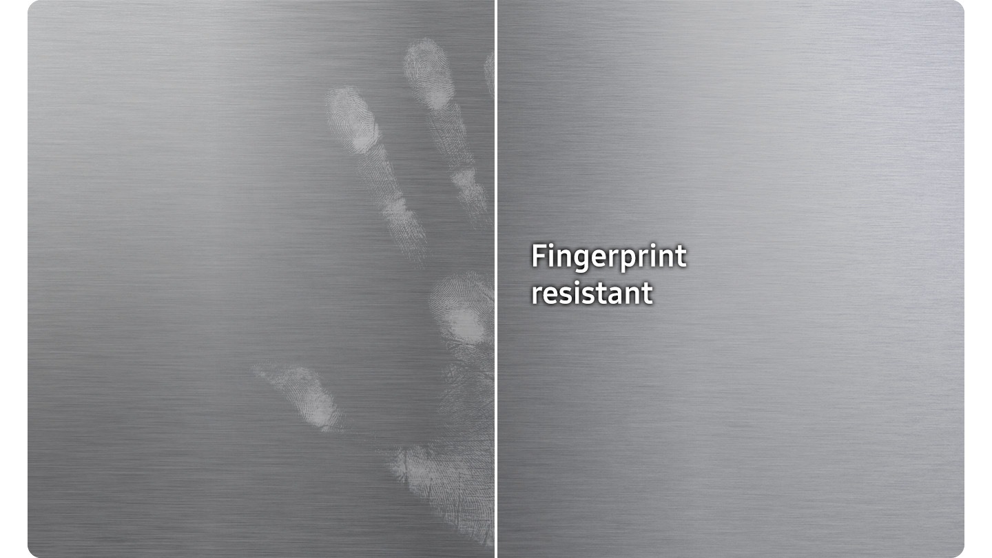 Shows how the surface of the dishwasher stays free of fingerprints and smudges compared to a normal dishwasher.