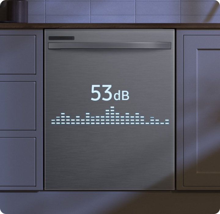 Shows a kitchen at night with a dishwasher working quietly, creating just 53 decibels.