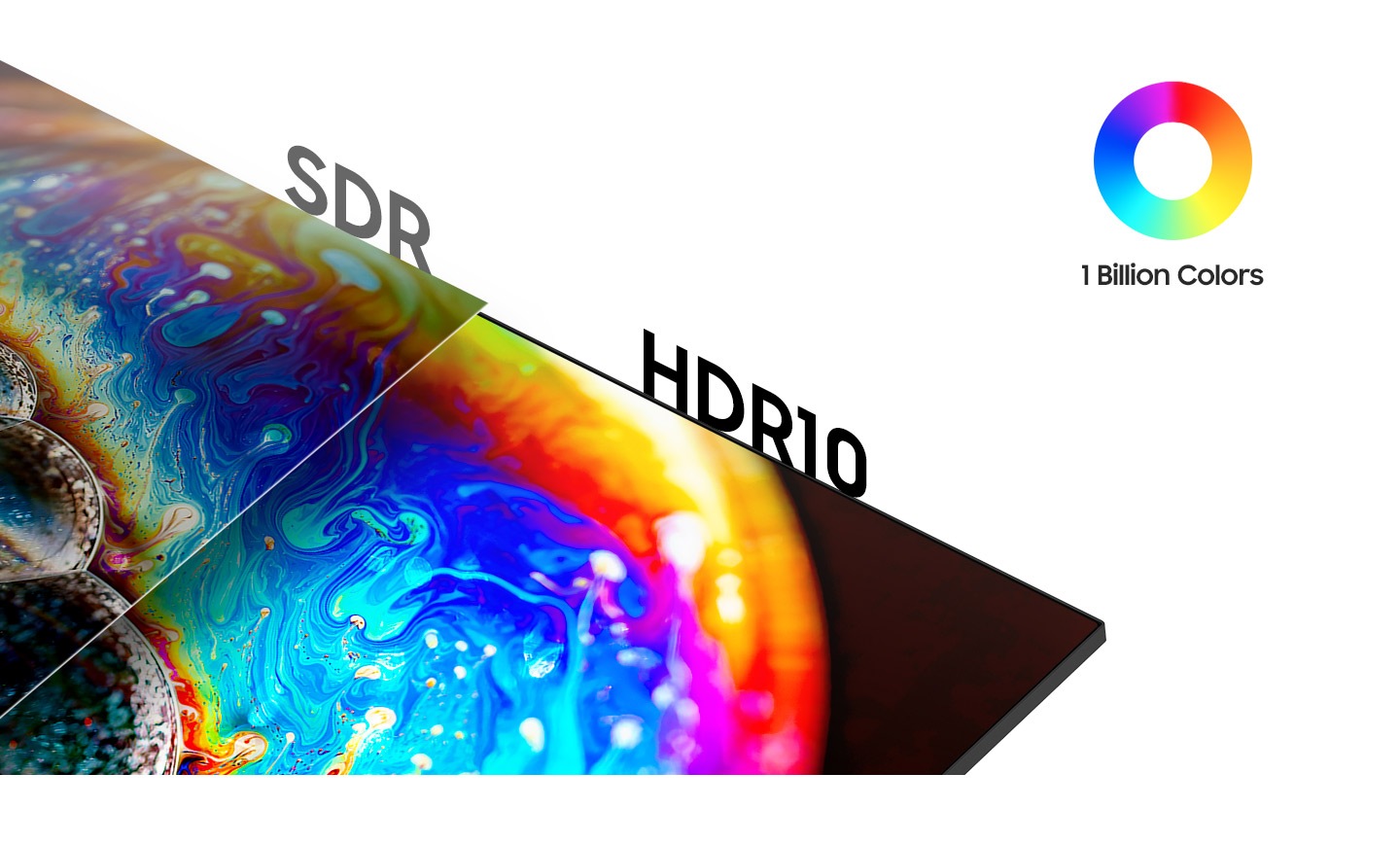 Se están comparando el SDR y el HDR10, y la imagen del HDR10 es más brillante y vívida. A continuación de las imágenes, hay un icono que representa mil millones de colores.
