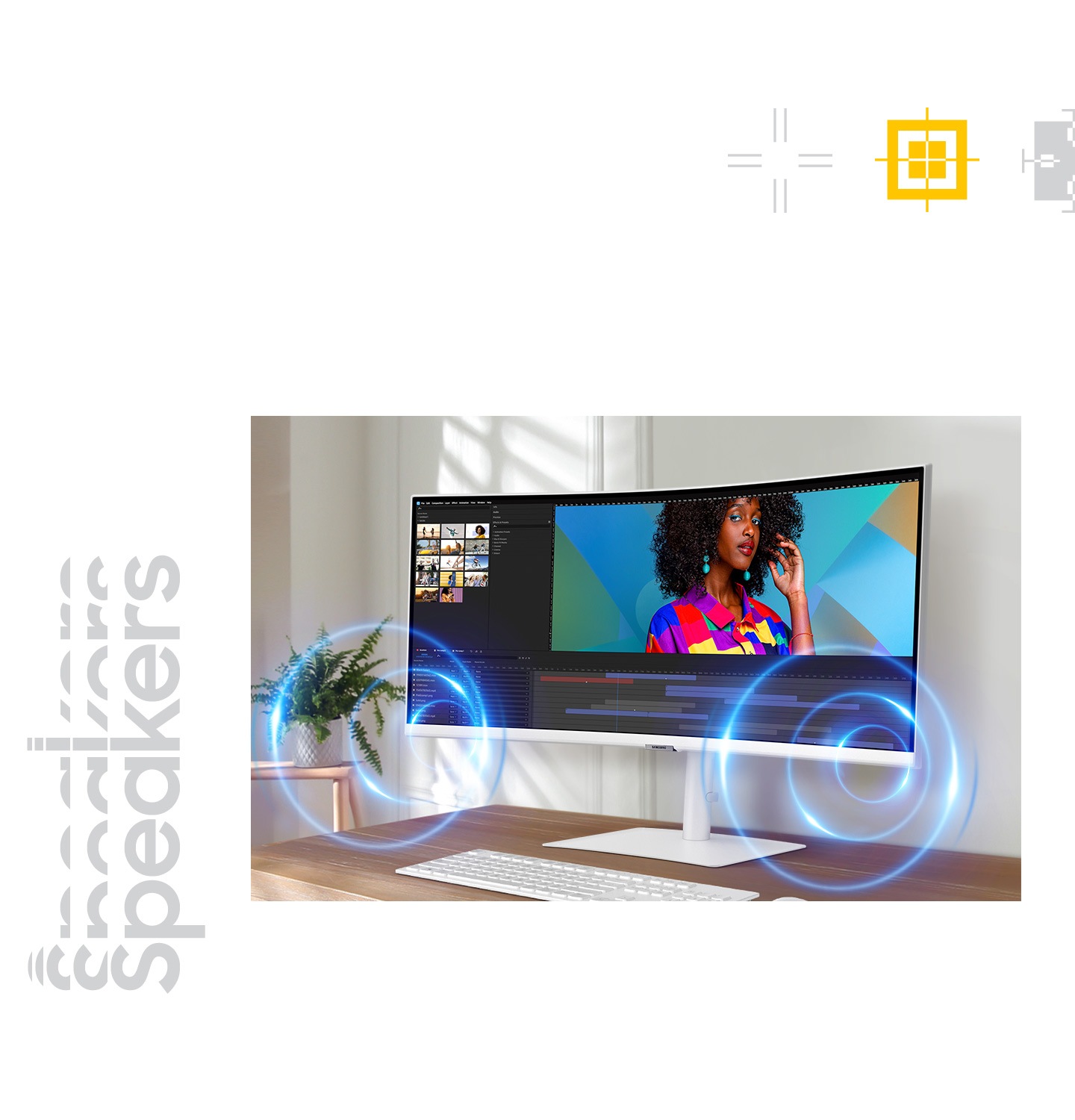 Hay un contenido que se edita en el monitor y, alrededor del monitor, hay algunos círculos que representan los altavoces integrados del monitor.