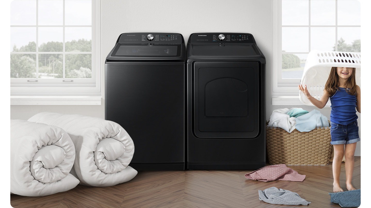 Beside WA5500D and dryer, there are some laundry in a basket, a blanket and a girl with a basket. The washing machine is big enough to wash more items at once.