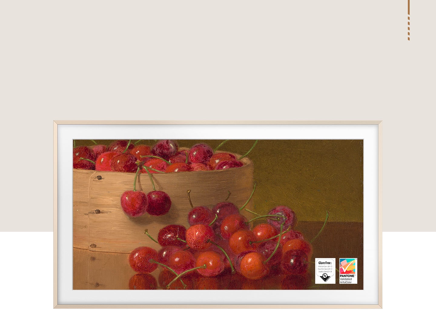 The Frame TV shows a painting of cherries with the PANTONE Validated and PANTONE SkinTone Validated certification stamps.