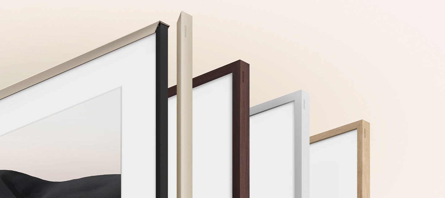 A variety of The Frame's customizable bezels in different colors are displayed.