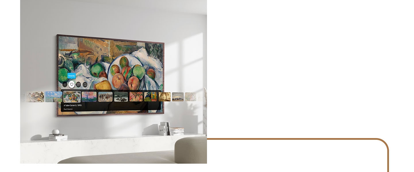 The Frame TV shows a painting of fruit. At the bottom of the screen is a stream of art options, extending beyond the screen.