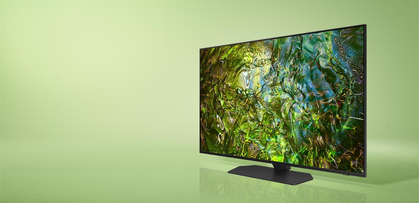 QN90D (50 and 43 inch) with a vivid blue and green design displayed.