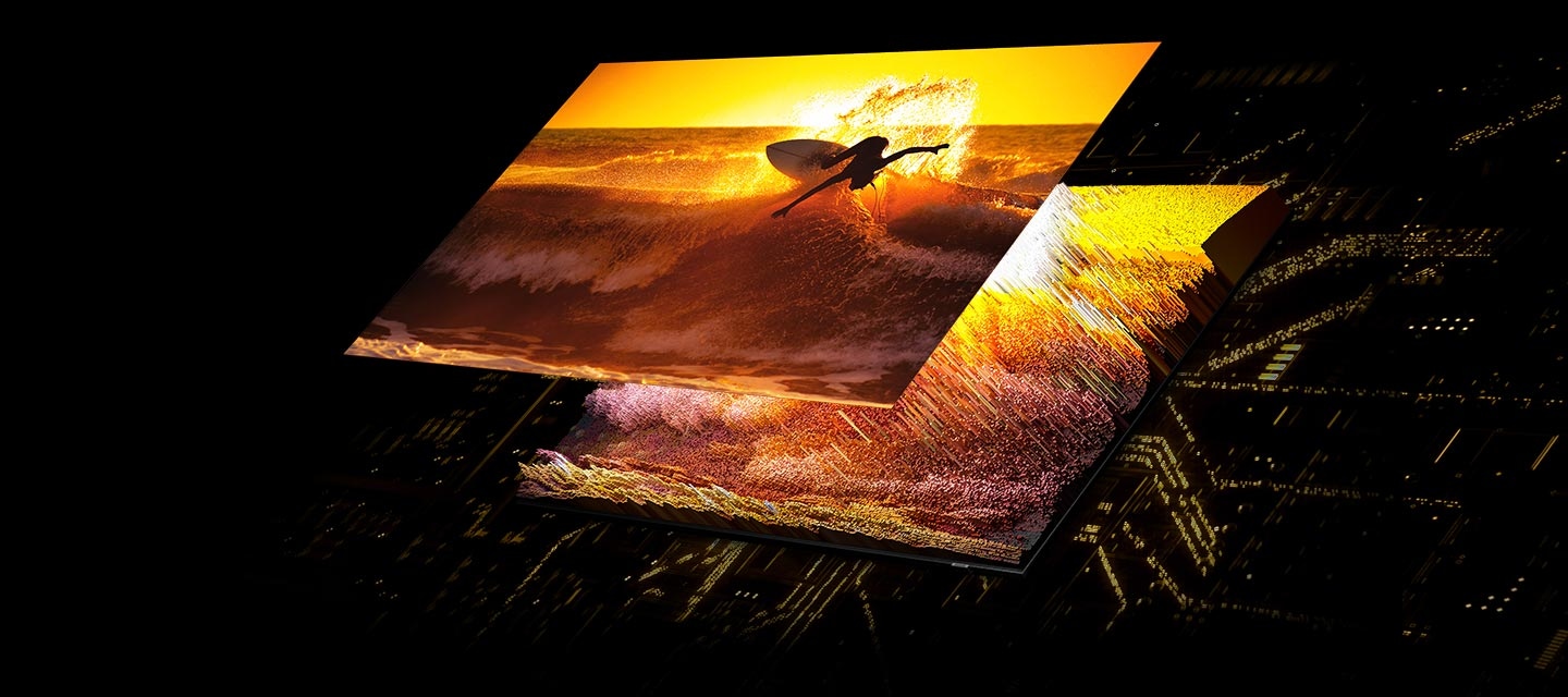 A surfer on the screen is displayed in detail through the Quantum Mini LEDs in the back that are accurately controlling light.