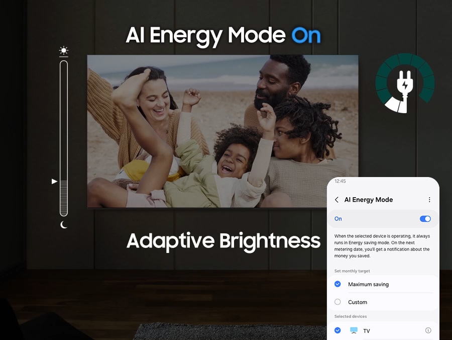 When AI Energy Mode is off, the surroundings around the TV appear bright. A smartphone screen displaying AI Energy Mode pops up, and it switches from Off to On. With adaptive brightness and AI Energy Mode activated, the energy level decreases significantly, and the scale shifts from day to night.