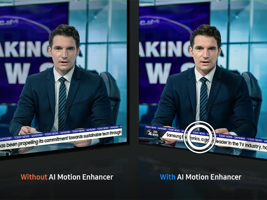 A caster reports the news. Without AI Motion Enhancer, the corresponding text is blurry. With AI Motion Enhancer, it is clear.