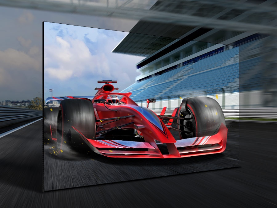 A racing game on the TV is so immersive that the race car is speeding out of the screen.
