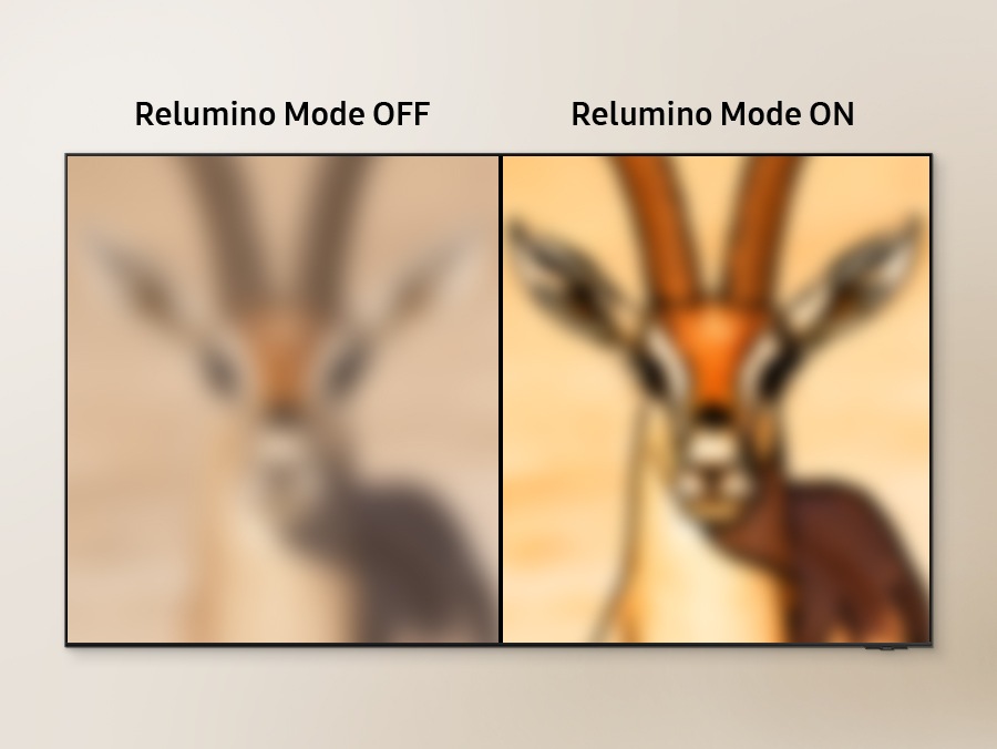A TV with its screen divided into two sides. A blurry image of a gazelle on the side labeled "Relumino Mode OFF" is enhanced into a clear image on the side labeled "Relumino Mode ON."
