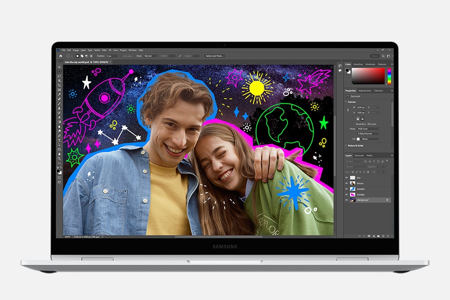 Front view of Galaxy Book4 360 in Silver, open and facing forward with Adobe Photoshop app open in full screen. An image of two people smiling is being edited with colorful drawings.