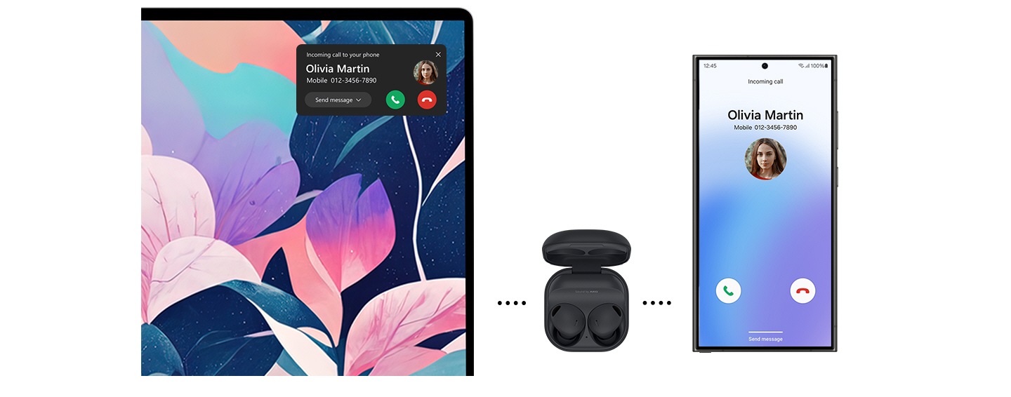 Galaxy Buds2 Pro are paired with Galaxy Book4 360 and Galaxy S24 Ultra. An incoming call screen is shown on Galaxy S24 Ultra and the call notification is shown on Galaxy Book4 360. The Galaxy Buds2 Pro audio switches automatically between the laptop and smartphone.