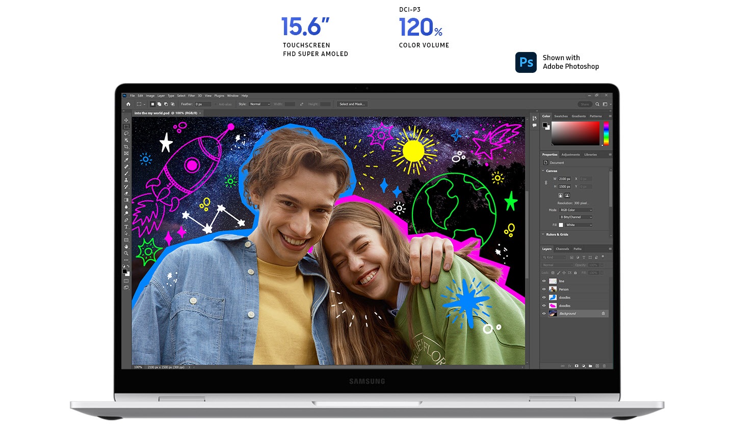 Front view of Galaxy Book4 360 in Silver, open and facing forward with Adobe Photoshop app open in full screen. An image of two people smiling is being edited with colorful drawings. Adobe Photoshop logo is shown. 15.6 inch TOUCHSCREEN FHD SUPER AMOLED. DCI P3 120 percent COLOR VOLUME.