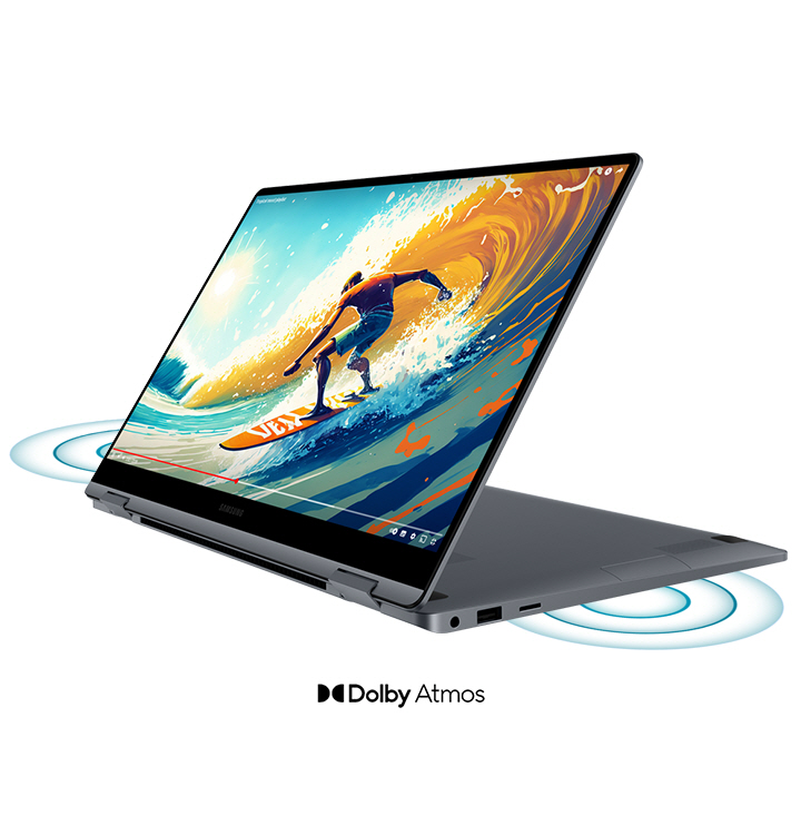 Galaxy Book4 360 in Gray is folded halfway back, facing left with a YouTube video playing in full screen and sound waves coming out of the dual stereo speakers. Dolby Atmos logo is shown.
