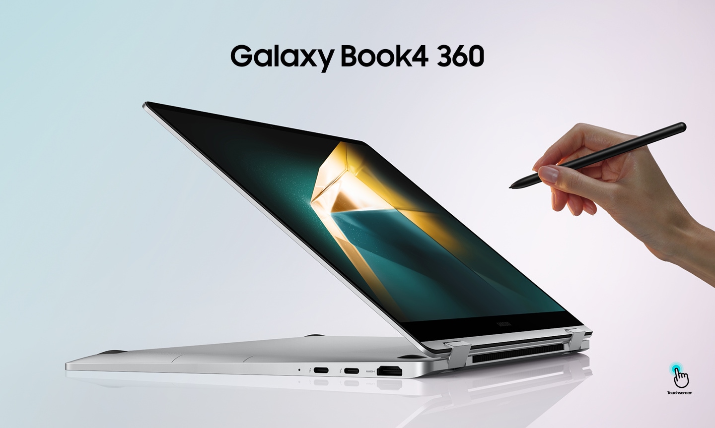 Galaxy Book4 360 in Silver is folded almost all the way back, facing right with a dark green and yellow wallpaper onscreen and a person holding S Pen pointed at the screen. Touchscreen icon is shown.
