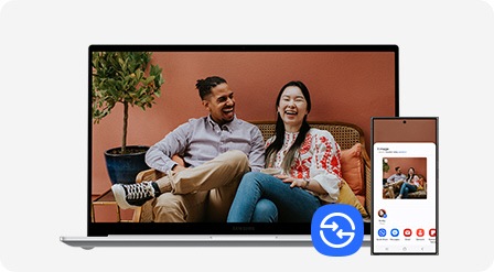 A photo of a couple, selected on the screen of Galaxy S24 Ultra, is shared via Quick Share to Galaxy Book4 and open in full screen. Quick Share icon is shown.