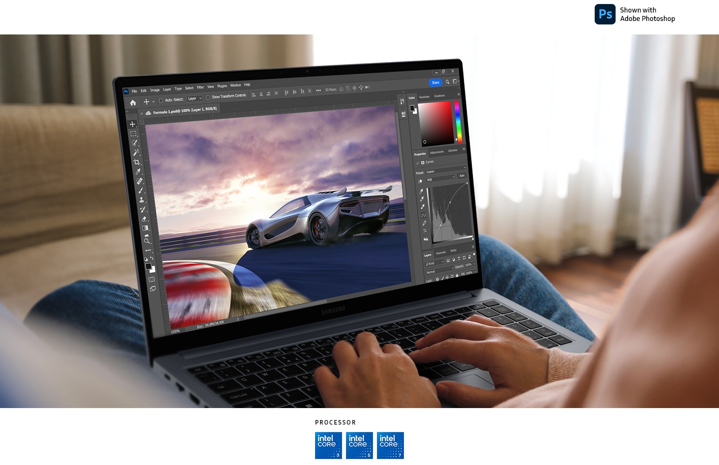 A person sitting at home is using Galaxy Book4 in Gray to edit an image of a racing car open in Adobe Photoshop app onscreen. Adobe Photoshop logo, Intel Core 3, Intel Core 5 and Intel Core 7 processor logos are shown.
