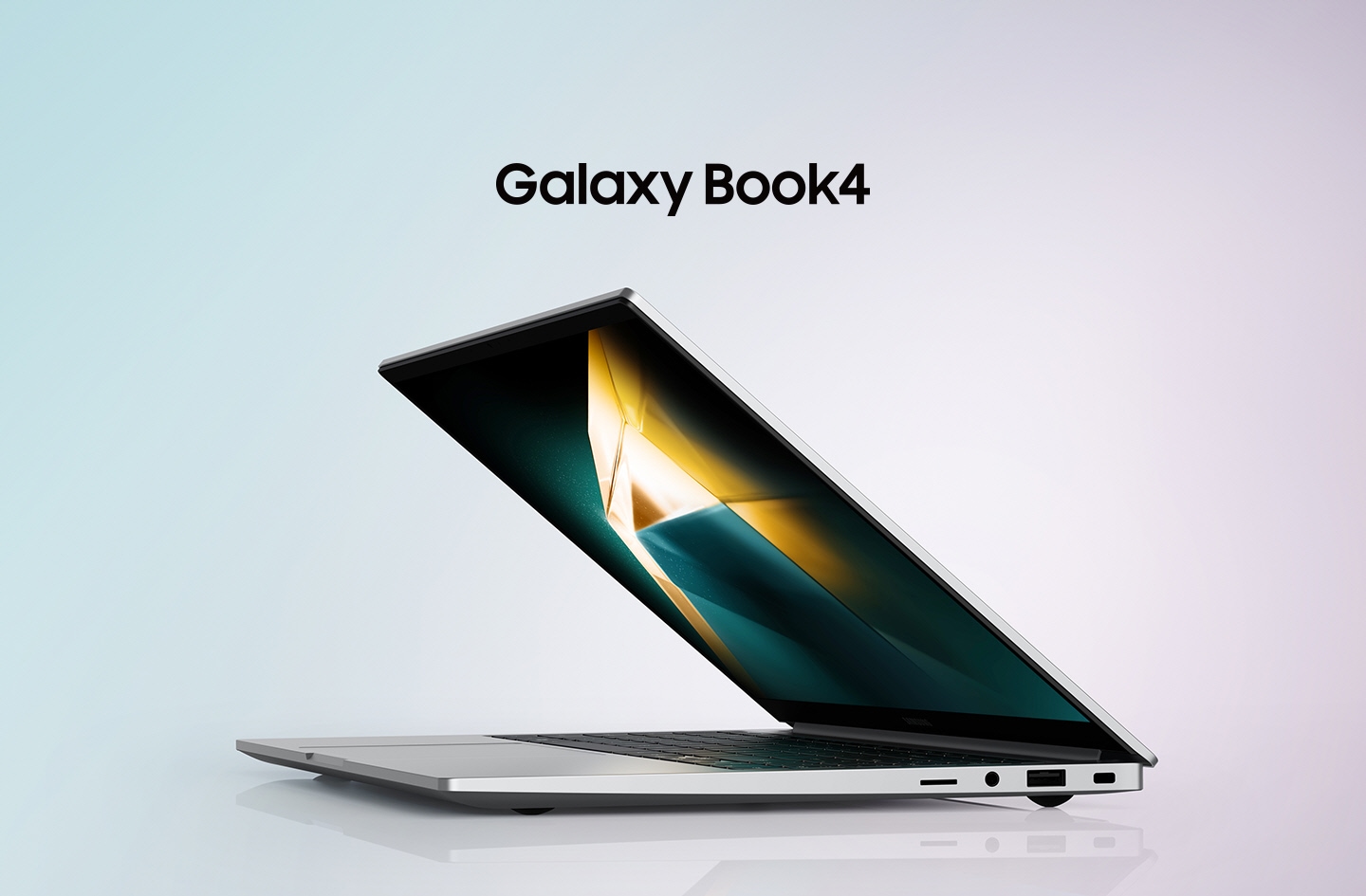 Galaxy Book4 in Silver is half open, facing left with a dark green and yellow wallpaper onscreen.