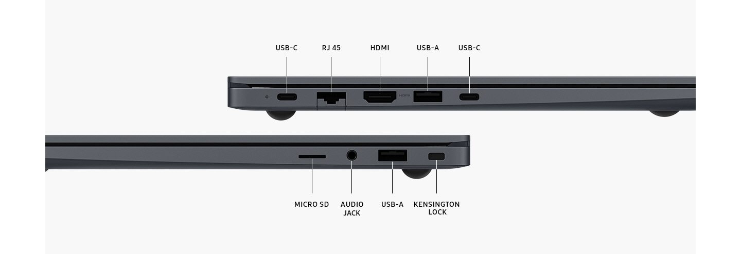 Two Galaxy Book4 devices in Gray are set on the left and right side view to highlight the port layout. Ports are labeled USB-C. RJ 45. HDMI. USB-A. MICRO SD. AUDIO JACK. KENSINGTON LOCK.