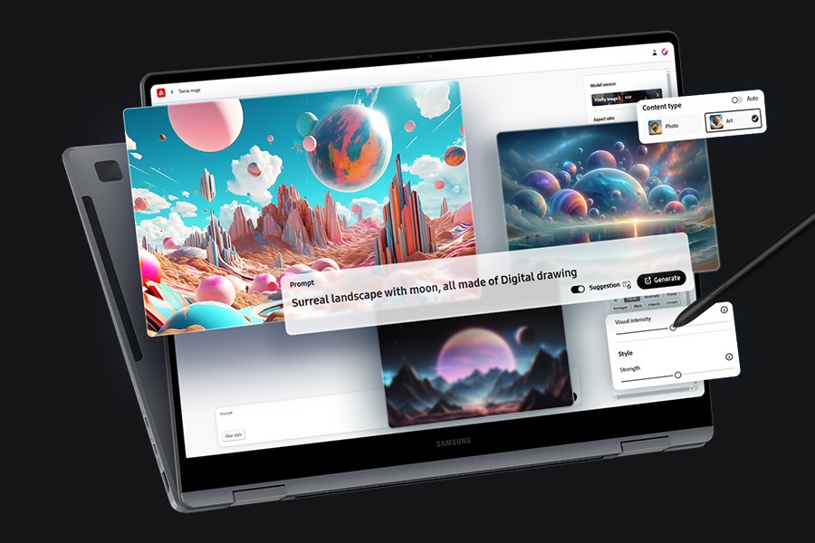 Galaxy Book4 Pro 360 in Moonstone Gray is folded almost all the way back, facing slightly right with Adobe Firefly app windows shown onscreen and floating on top. S Pen is being used for image generation and editing on the screen.