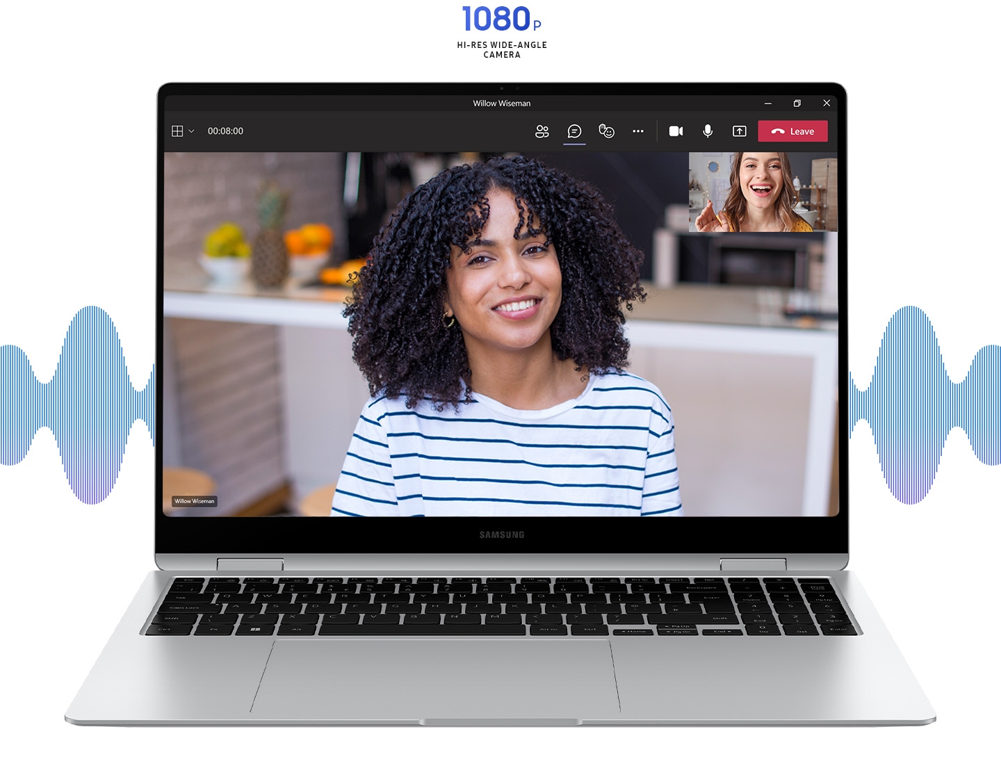Front view of Galaxy Book4 Pro 360 in Platinum Silver, open and facing forward with Microsoft Teams app open in full screen and two people shown in a video call. 1080p HI-RES WIDE-ANGLE CAMERA.