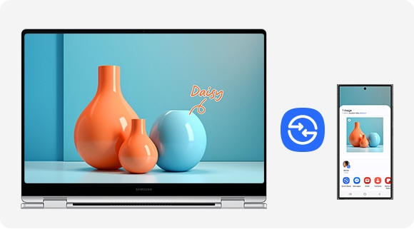 An image of vases on a tabletop, selected on the screen of Galaxy S24 Ultra, is shared via Quick Share to Galaxy Book4 Pro 360 and open full screen for editing. Quick Share icon is shown.