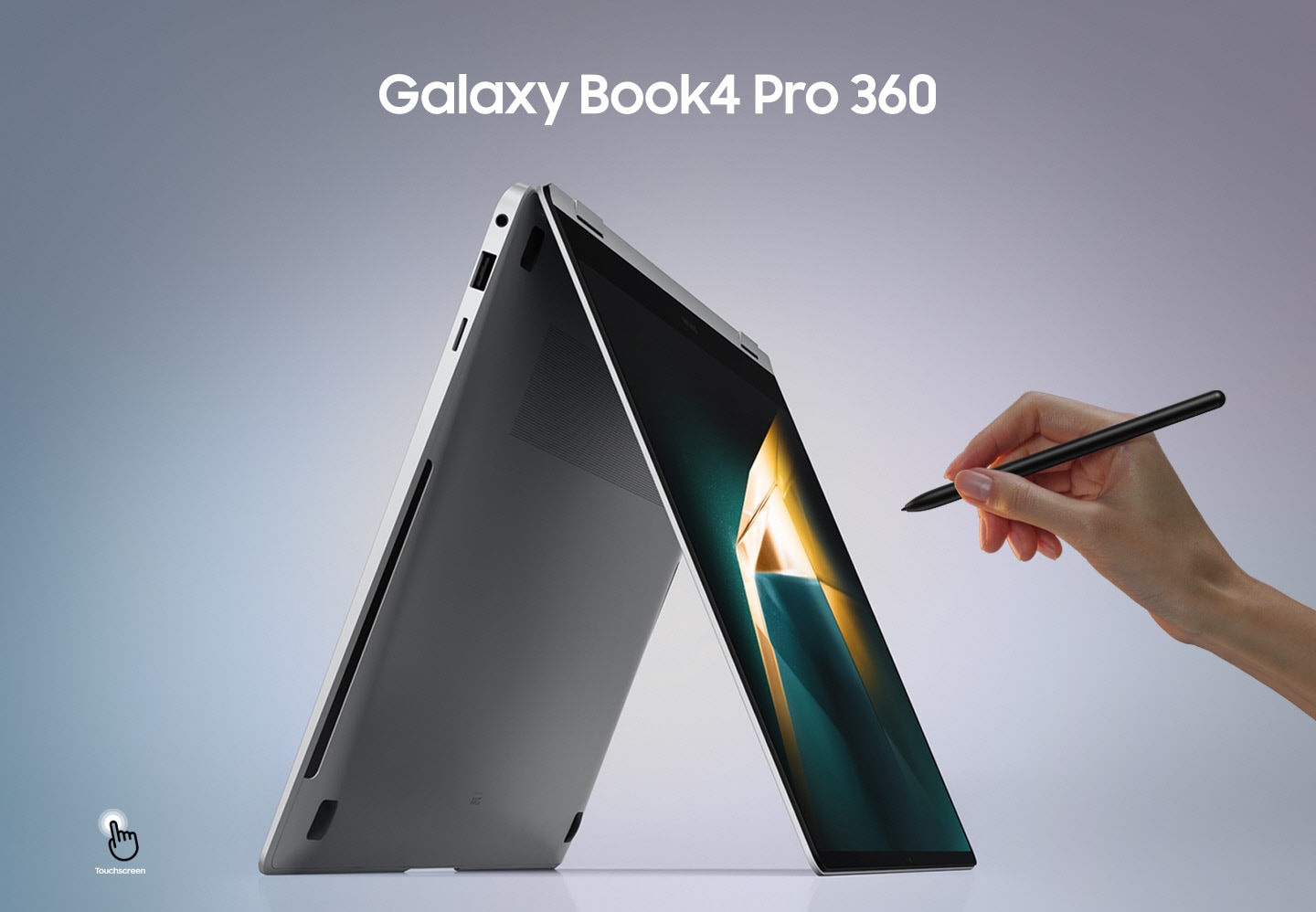 Galaxy Book4 Pro 360 in Platinum Silver is standing folded like a tent, facing right with a dark green and yellow wallpaper onscreen and a person holding S Pen pointed at the screen. Touchscreen icon shown.