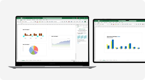 A Microsoft Excel spreadsheet is open onscreen on Galaxy Book4 Pro and the screen is extended on Galaxy Tab S9 Ultra to highlight the dual-monitor experience with Second Screen.