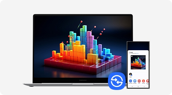 A 3D chart image, selected on the screen of Galaxy S24 Ultra, is shared via Quick Share to Galaxy Book4 Pro and open full screen. Quick Share icon is shown.