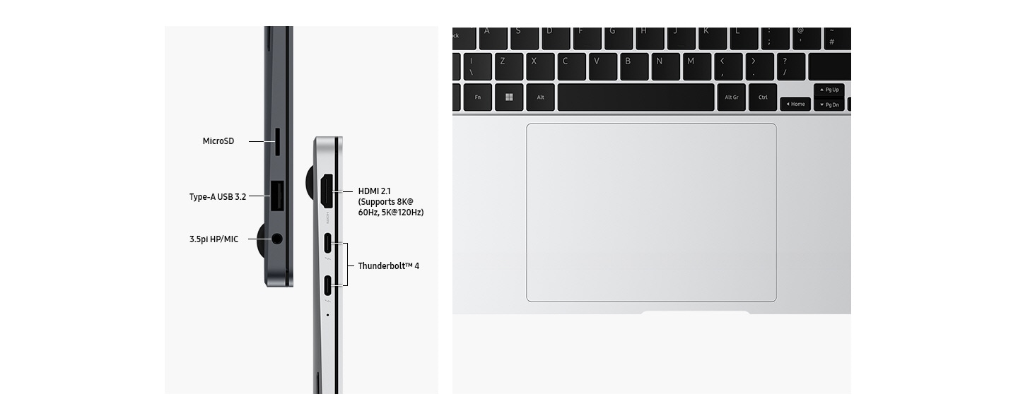 One Moonstone Gray and one Platinum Silver Galaxy Book4 Pro devices are set on the left and right side view to highlight the port layout. Ports are labeled MICRO SD. TYPE-A USB 3.2. 3.5PI HP/MIC. HDMI 2.1 (Supports 8K at 60Hz, 5K at 120Hz). THUNDERBOLT 4. A top close-up view of the touch pad and keyboard area of a Platinum SIlver Galaxy Book4 Pro.