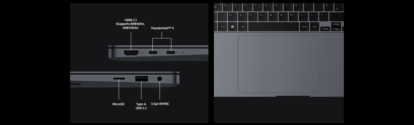 Two Galaxy Book4 Ultra devices are placed horizontally on top of each other, set on the left and right side view to highlight the port layout. Ports are labeled HDMI 2.1 (Supports 8K at 60Hz, 5K at 120Hz). THUNDERBOLT 4. MICRO SD. TYPE-A USB 3.2. 3.5PI HP/MIC. A close-up view of the touch pad and keyboard area of Galaxy Book4 Ultra.