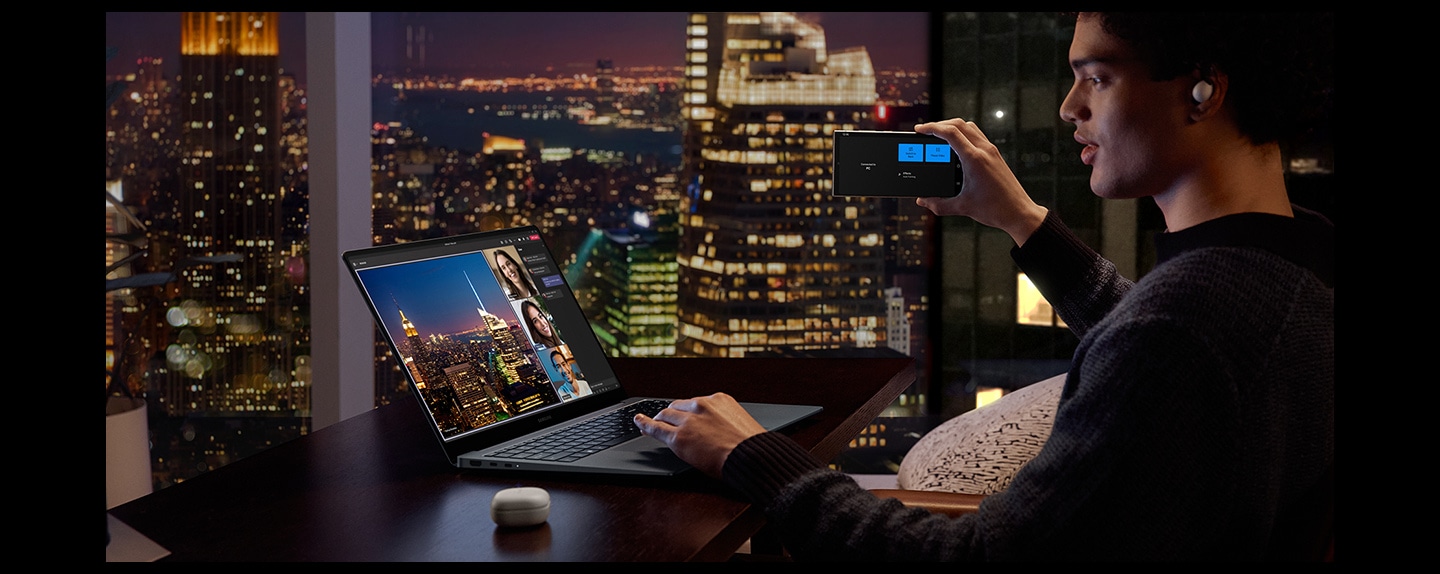 A person with Galaxy Buds2 Pro on is using Galaxy S24 Ultra as a connected camera on Galaxy Book4 Ultra with Microsoft Teams group video call window shown onscreen.