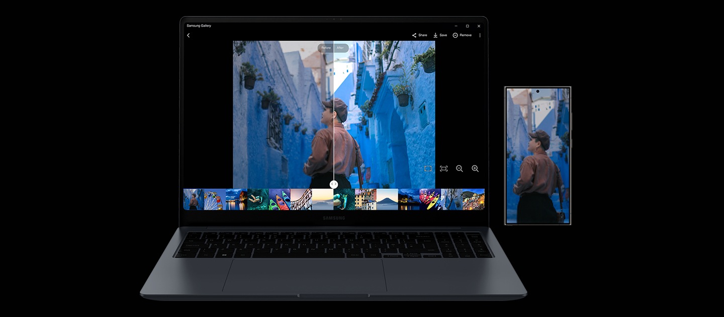 An image of a woman shown full screen on Galaxy S24 Ultra, is open in Samsung Gallery app on Galaxy Book4 Ultra and being remastered using the Photo Remaster tool. The onscreen image is divided in half by a slider - the left side shows the image before remastering and the right side shows the remastered image with enhanced quality.