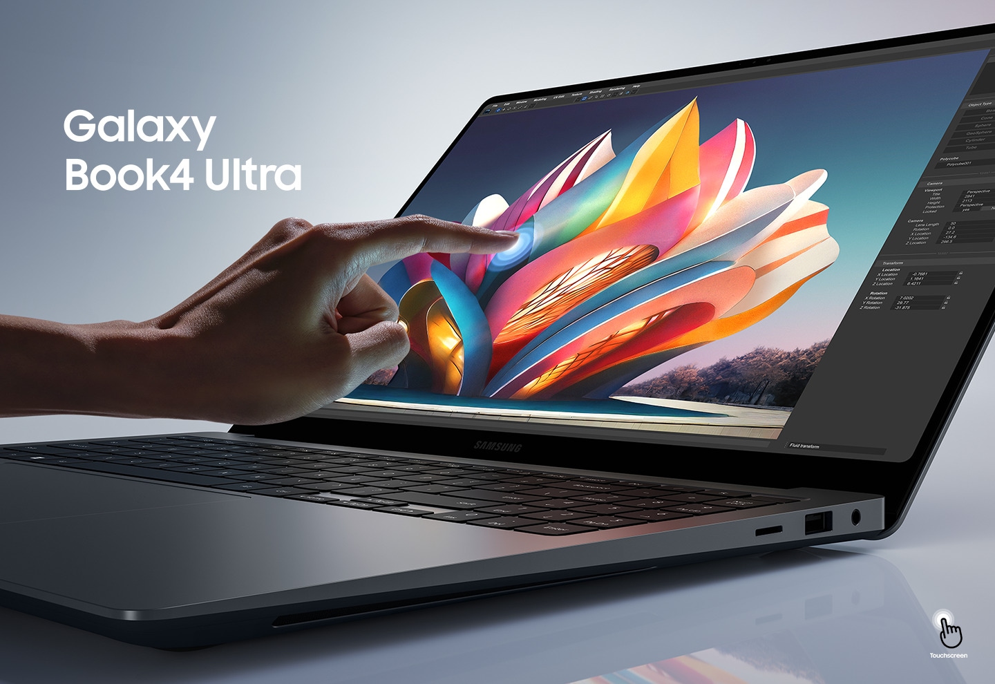 Galaxy Book4 Ultra in Moonstone Gray is open, facing slightly left with a colorful image open for editing onscreen and a person's hand touching the screen with an index finger. Touchscreen icon shown.