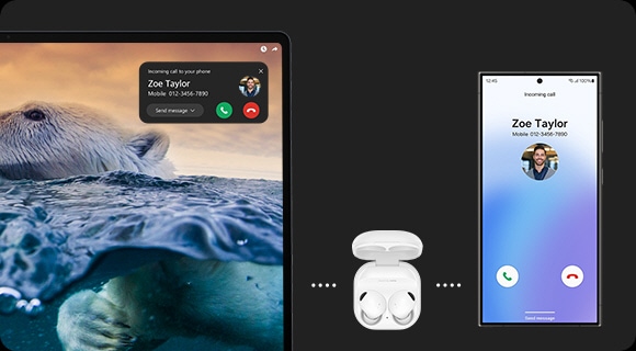 Galaxy Buds2 Pro are paired with Galaxy Book4 Ultra and Galaxy S24 Ultra. An incoming call screen is shown on Galaxy S24 Ultra and the call notification is shown onscreen on Galaxy Book4 Ultra. The Galaxy Buds2 Pro audio switches automatically between the laptop and smartphone.