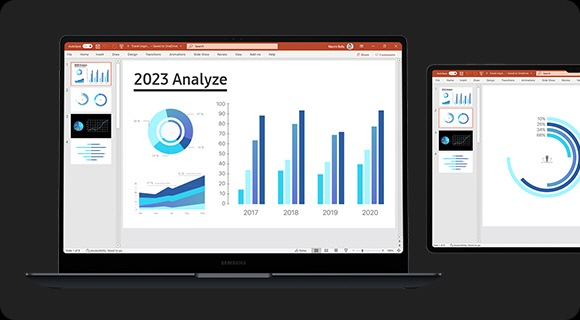 A Microsoft PowerPoint presentation is open onscreen on Galaxy Book4 Ultra and on Galaxy Tab S9 Ultra in Landscape mode to highlight the dual-monitor experience with Second Screen.