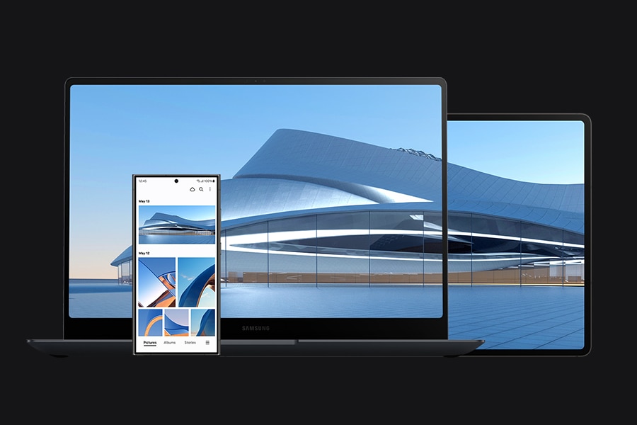 Galaxy S24 Ultra, Galaxy Book4 Ultra and Galaxy Tab S9 Ultra placed nearby each other. Samsung Gallery app is open on Galaxy S24 Ultra showing various images. One of the images is shown onscreen on Galaxy Book4 Ultra and extended on the screen of Galaxy Tab S9 Ultra to highlight the inter-device ecosystem.
