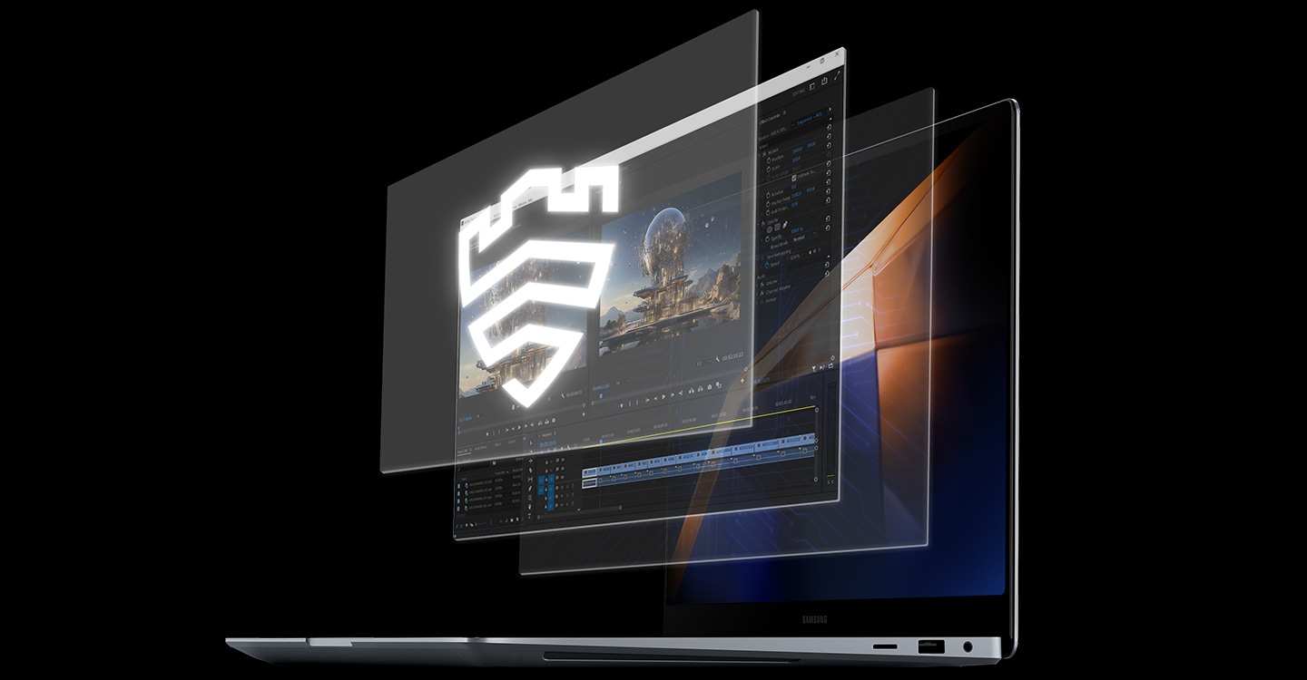 Galaxy Book4 Ultra in Moonstone Gray is open, facing left with a dark wallpaper shown onscreen. Adobe Premiere Pro app window and two other layers of onscreen windows are shown on top of the device's screen. Samsung Knox logo shown in front.