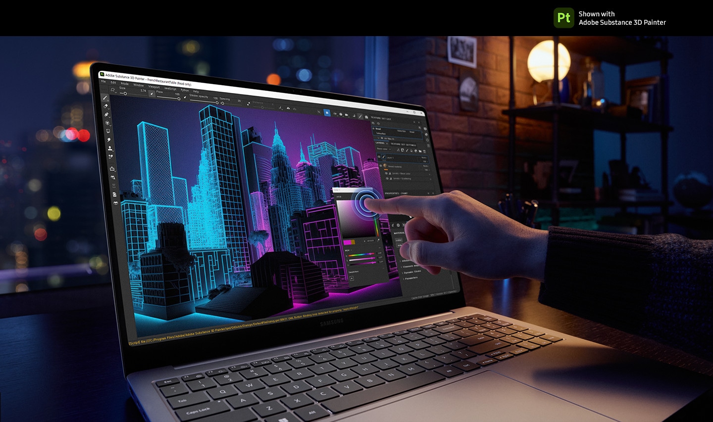 Galaxy Book4 Ultra is open, facing forward with a colorful graphic image of tall buildings open for editing in Adobe Substance 3D Painter app onscreen and a person's finger tapping on the touchscreen to select the color. Adobe Substance 3D Painter logo is shown.