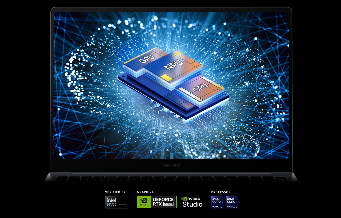 Galaxy Book4 Ultra is open, facing forward with a GPU, NPU and CPU chips shown in the center of an abstract brain matrix onscreen. VERIFIED BY Intel Evo Edition, NVIDIA GEFORCE RTX Studio GRAPHICS, NVIDIA Studio, Intel Core Ultra 7 and Intel Core Ultra 9 PROCESSOR logos are shown.