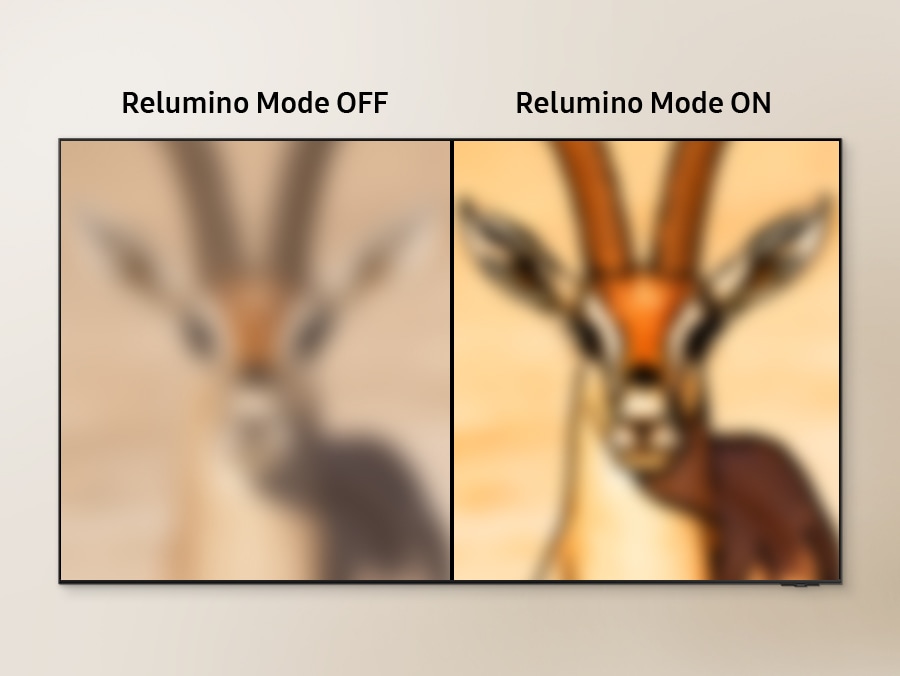 A TV with its screen divided into two sides. A blurry image of a gazelle on the side labeled "Relumino Mode OFF" is enhanced into a clear image on the side labeled "Relumino Mode ON."