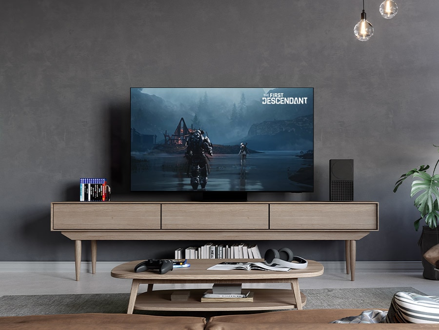 On a black background, a white laser beam traces the top edge of Samsung OLED. As it traces all four edges, the background reveals the TV in a modern living room. 