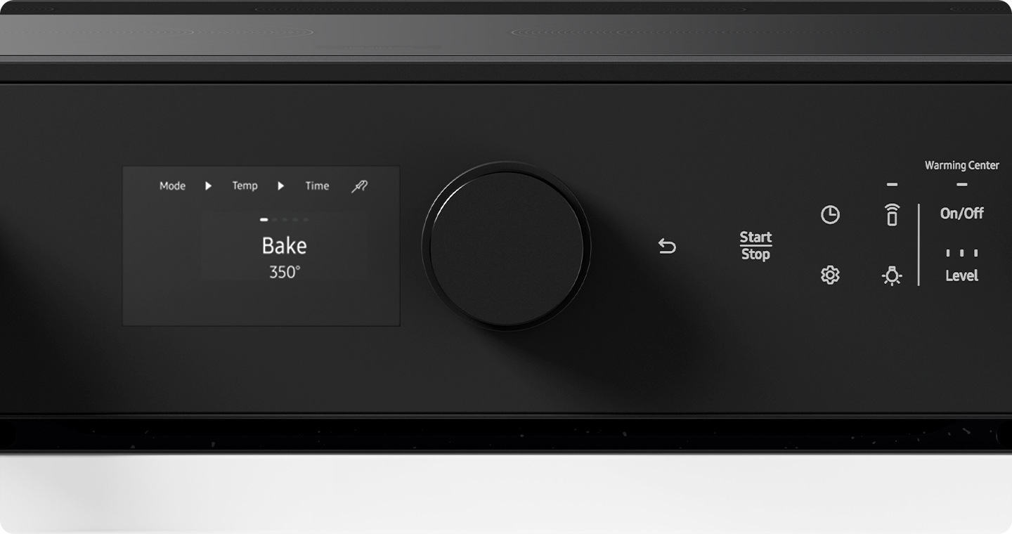 There is a close-up of a 2.25" LCD control panel. There's one knob and buttons. It's currently set at bake for 350 F.