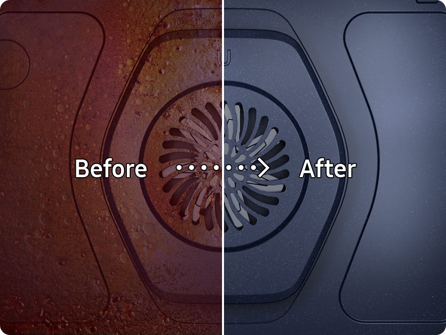 Two oven interiors, before and after cleaning, demonstrate effective cleaning results.