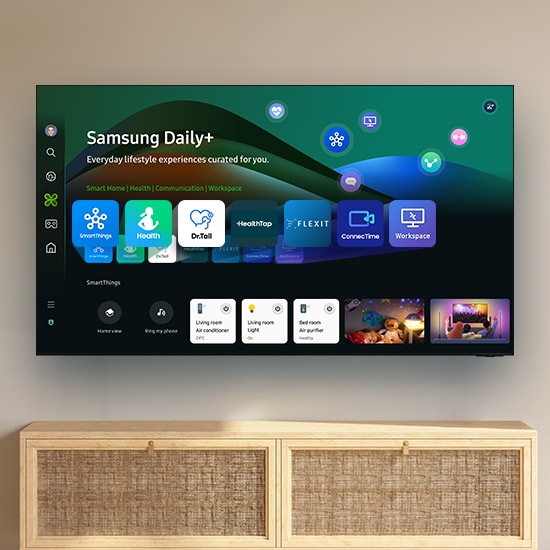 The TV displays the Samsung Daily+ menu with various lifestyle apps like SmartThings, Samsung Health, Dr.Tail, HealthTap, Flexit, ConnecTime and Workspace. Menu scrolls down to show more options organized under each app.