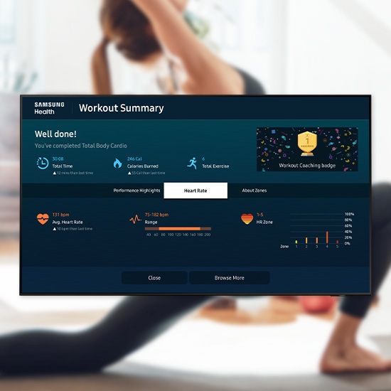 The Samsung Health dashboard shows completed workout summary that says well done, workout coaching badge, performance highlights, heart rate and more.