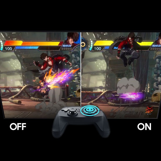 Two screens with the Auto Low Latency Mode On and Off during gameplay. As jump is pushed on the controller, the character on the screen with the feature On jumps faster than it does on the screen with the feature Off.